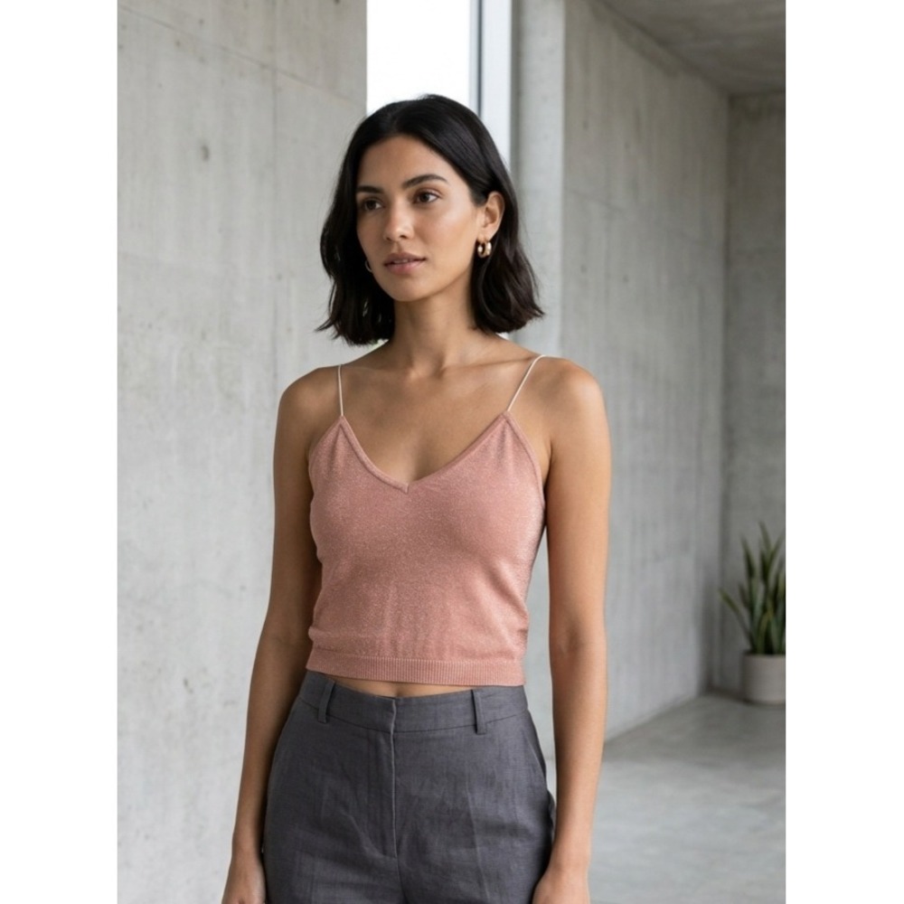 Free People Intimately Metallic Shimmer V-Neck Cami‎ Crop Top Rose Gold M/L